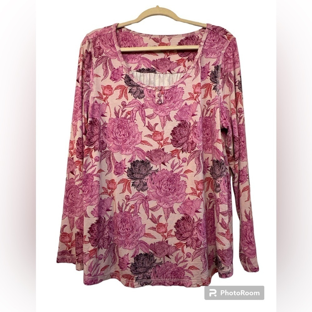 Soft surroundings‎ large bamboo viscose spandex floral long sleeve Henley pastel